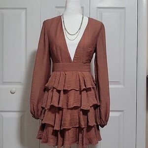 Angel Biba Deep V- Neck Back Zip Balloon Sleeve Ruffled Party Dress - Size S